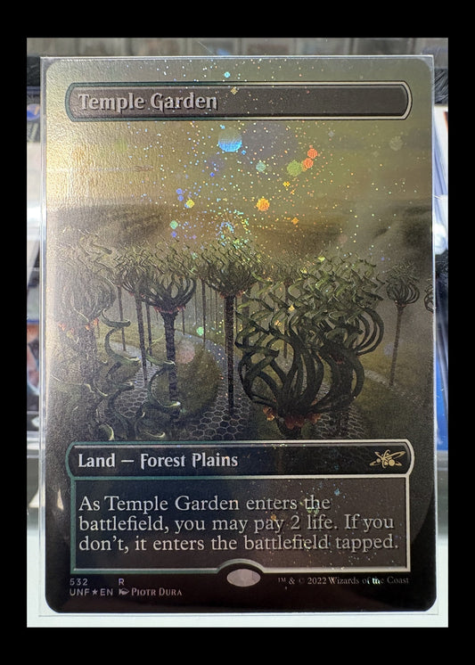 Temple Garden #532 Unfinity borderless Galaxy Foil Magic card front - complete outer perimeter and source guard band retained